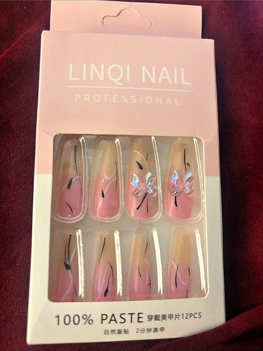 LINQI NAIL Professional 12PCS Press-On Nails with 3D Bows Pink & Gold